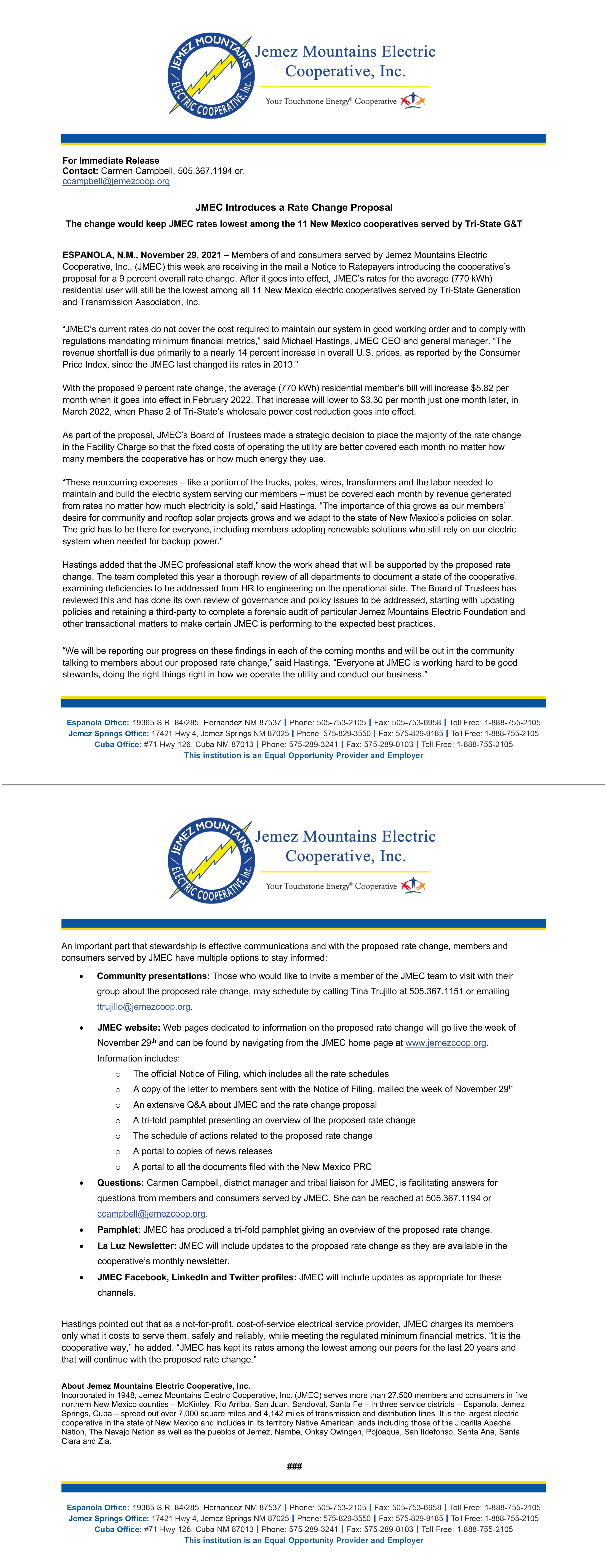 JMEC Rate Change Announcement Non 29,  2021