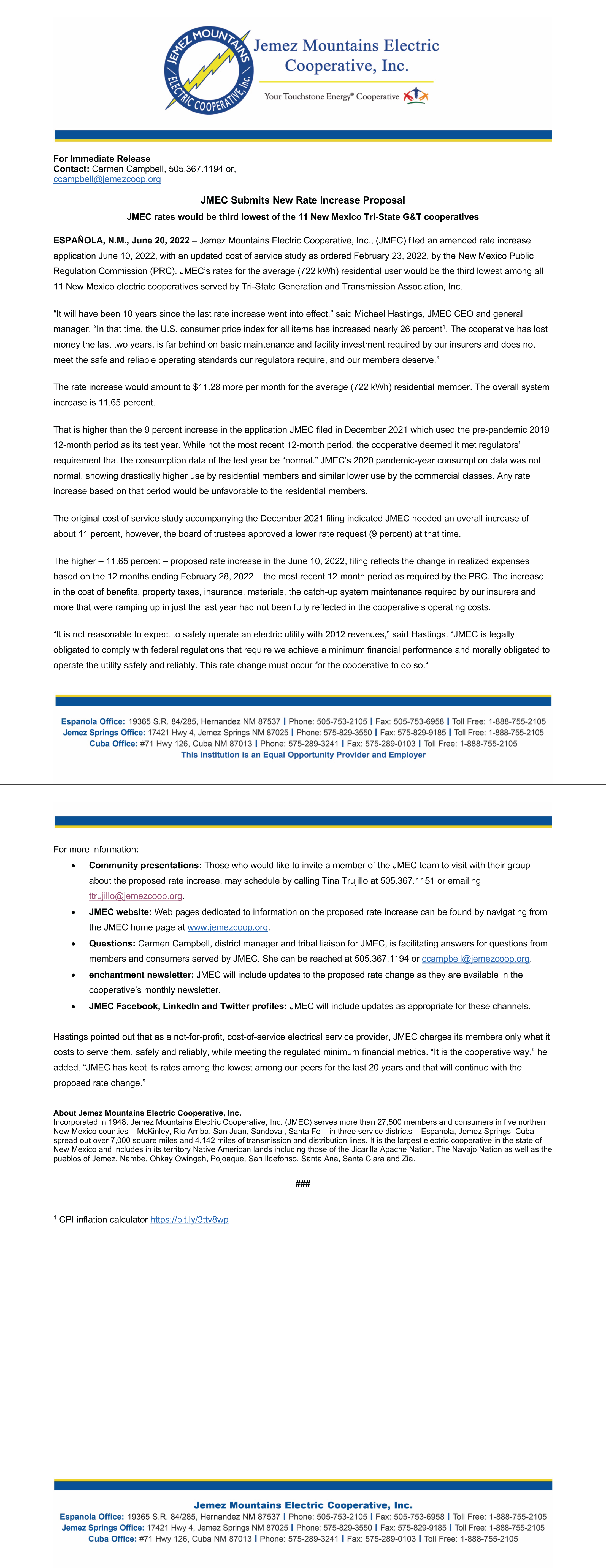 JMEC Submits New Rate Increase Proposal June 20, 2022